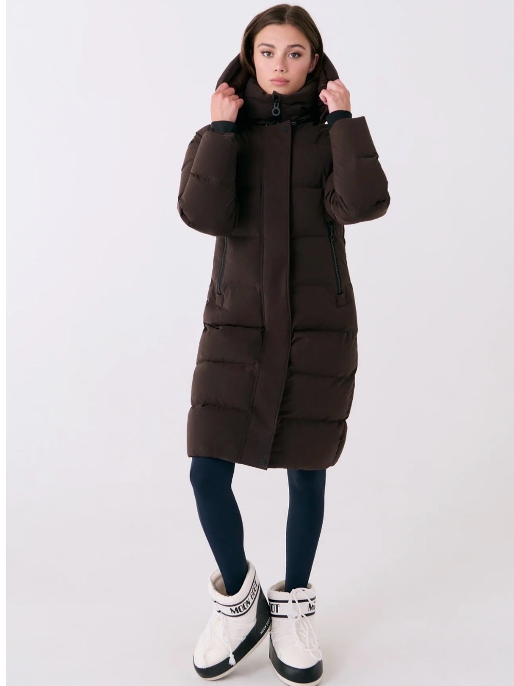 Lole Apres Long line City jacket Hooded Puffer Coat in Dark Brown NEW!